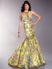 Jewel Neck Daffodil Toned Printed Floor Length Mermaid Style Celebrity Gown of Keyhole Back