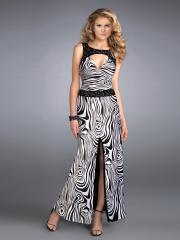 Keyhole Neck Ankle-Length Black Printed Evening Gown of Slit Skirt and Beadwork