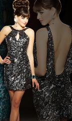 Keyhole Neck Short Length Cocktail Party Dress of Black Sequined Fabrication
