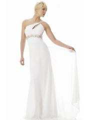 Keyhole Neck White Smooth Chiffon Wedding Guest Gown with Beaded Accent at Front Bust