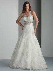 Lace And Satin Bridal Gown with Illusion Halter Top And Sash With Brooch Detail Wedding Dress