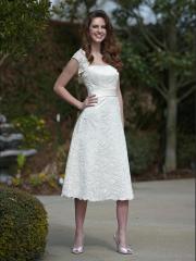 Lace Knee Length Gown With Strapless Modified Sweetheart Neckline Satin Sash At Natural Waist Dress