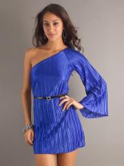 Long Sleeve Asymmetrical Neckline Belt Embellishment Royal Blue Elegant Cocktail Dresses