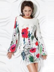 Long Sleeves High Neckline Open Back Sheath Style Floral Print Cocktail Dresses