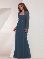Long Sleeves Square Neckline Brooch Ornament Full Length A-line Evening Dresses