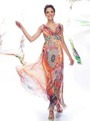 Lower V-Neck Ankle-Length Hem Sheath Style Multi-Color Printed Prom Dresses