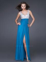 Lower V-Neck Sheath Style Floor Length Sequined Bodice and Blue Chiffon Evening Gown