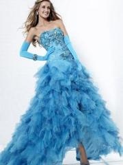 Luxurious Blue Tulle A-line Style Strapless Embroidered Sequins Ruffled Celebrity Dresses