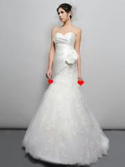 Luxurious Floor-length Sweetheart Satin Bodice and Embroidered Chiffon A-line White Wedding Dress with Court Train