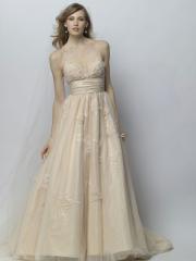 Luxurious Floor-length V-neck Spaghetti Straps Applique Satin and Chiffon Champagne Wedding Dress with Ruffled Sash