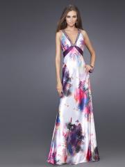 Luxurious Long A-line Style Deep V-neckline Empire Waist Print Evening Dresses