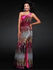 Luxurious One-Shoulder Floor Length Slit Sequined Fuchsia Celebrity Dress 2012
