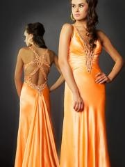 Luxurious Orange Satin A-line Style Low V-neckline Sequined Trim Celebrity Dresses