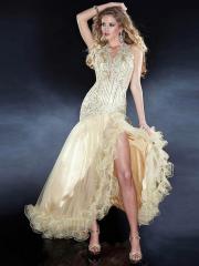 Luxurious V-Neck Asymmetrical Hemline Champagne Sequined Satin and Tulle Celebrity Wear