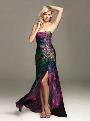 Luxury Top Seller Strapless Floor Length Peacock Printed Slit Celebrity Gown 2012