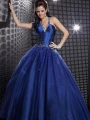 Magnificent Beaded Halter Top Balloon Dark Royal Blue Satin Beaded Quinceanera Dress