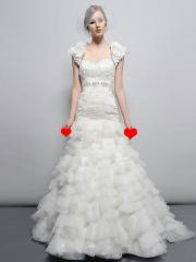 Magnificent Floor-length Sweetheart Embroidered bodice and Chiffon Ruffled Skirt A-line Wedding Dress with Rhinestones and Bow Tie Sash