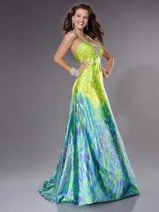 Magnificent Halter Neck Floor Length Empire Style Peacock Printed Celebrity Gown