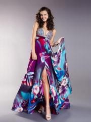 Magnificent Hater Strap Beaded Bodice Front Slit Full Length A-line Prom Dresses