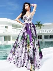 Marvelous Sweetheart Floor Length Rhinestone Embellished Multi-Color Printed Celebrity Dress