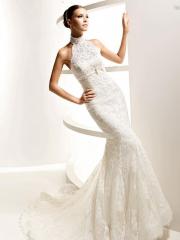 Mermaid Lace Gown Features High Neckline and Bow Tie