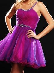 Mini Ball Gown One-Shoulder Beaded Purple Satin Organza Ruffled Cocktail Occasion Wear