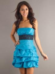 Mini Ball Gown Strapless Blue Heavy Taffeta Black Lace Waist Wedding Guest Dress