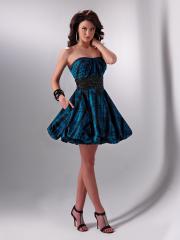Mini Ball Gown Strapless Dark Royal Blue Printed Sequined Band Waist Wedding Party Gown