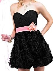 Mini Ball Gown Sweetheart Black Satin and Organza Wedding Party Dress of Pink Flower and Belt
