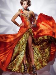 Miraculous One-Shoulder Sheath Floor Length Orange Silky Satin and Printed Celebrity Dress
