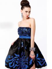 Multi-Color A-Line Strapless Sequined Bodice and Black Printed Satin Homecoming Dresses