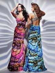 Multi-Color Floor Length Sheath Printed Halter Beaded Strap Crisscross Back Celebrity Gowns