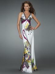 Multi-Color Print Beaded Deep V-Neck Neckline Sleeveless Floor-Length Evening Dress