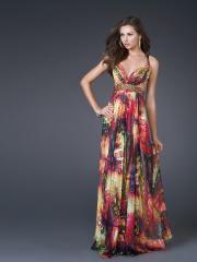 Multi-Color Print Chiffon Halter V-Neck Neckline Sleeveless Floor-Length Celebrity Dress