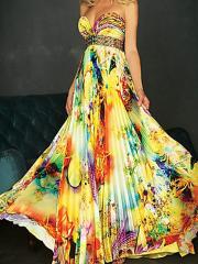 Multi-Color Print Chiffon Strapless Sweetheart Neckline Jeweled Waist Sleeveless Floor-Length Prom Dress