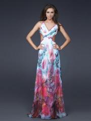 Multi-Color Print Chiffon V-Neck Neckline Sleeveless Floor-Length Evening Dress