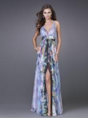 Multi-Color Print Chiffon V-Neck Neckline Sleeveless Floor-Length Side Slit Evening Dress