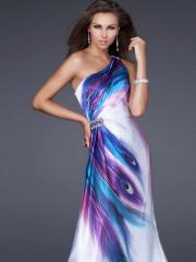 Multi-Color Print Satin Beaded One-Shoulder Neckline Sleeveless Floor-Length Evening Dress