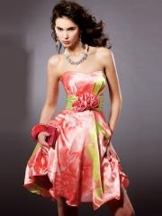 Multi-Color Strapless Printed Short Sheath Style Satin Wedding Party Gown of Flowers