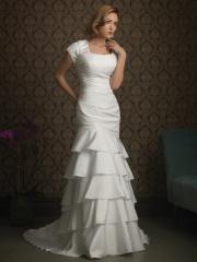 Multi-Tiered Square Neckline Taffeta Gown of Cap Sleeves