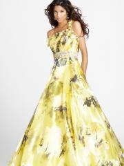 Multicolored Floral Print Fabric Single Ruffed Straps Beaded Accented Quinceanera Dresses