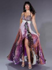 Multicolored Print Chiffon Low V-neckline Sequined Bodice and Slit Accented Prom Dresses