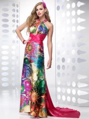 Multicolored Print Fabric High Neckline Keyhole Accented Sweep Train Celebrity Dresses