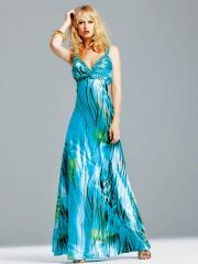 Multicolored Print Fabric Low V-neckline Beaded Shoulder Straps Full Length Evening Dresses