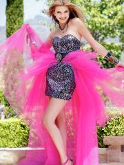 Multicolored Sequined Sheath Underskirt and Watermelon Organza Train Prom Dresses
