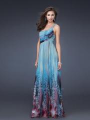 New Fashion One Shoulder Turquoise Print Ruched Bust and Braided Strap Evening Dresses