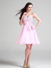 Off-Shoulder Stain Tiered Homecoming Dress with Bow Tie