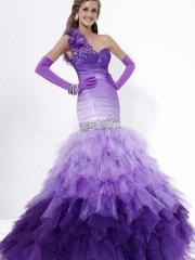 Ombre Taffeta and Organza Trumpet Style One-shoulder Sequined Trim Ruffled Celebrity Dresses