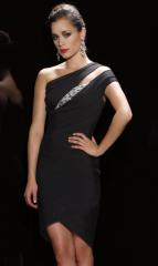 One-Shoulder Black Elastic Chiffon Short Length Cocktail Party Gown of Sequined Accent