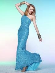 One-Shoulder Blue Sequined Sheath Floor Length Wrap Back Celebrity Dress